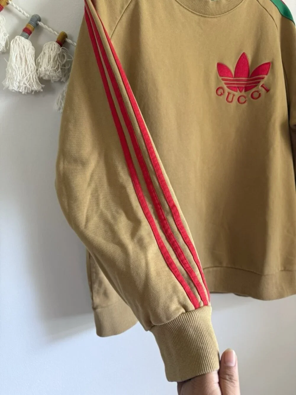 Gucci x Adidas Cotton Jersey Trefoil Sweatshirt Camel Brown Logo Sporty Preppy L